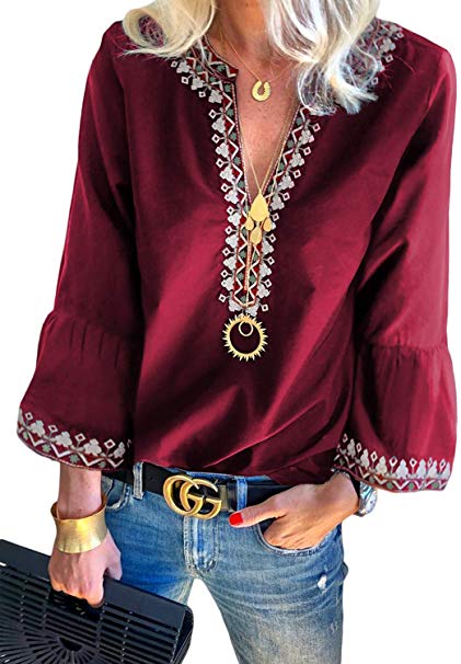 FARYSAYS Women's Boho Embroidered V Neck Long Sleeve Casual T-Shirt Tops Loose Blouse