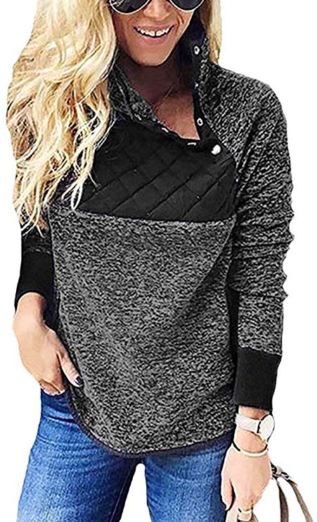 Women's Sherpa Fleece Pullover Asymmetrical Snap Button Neck Contrast Quilted Sweatshirts