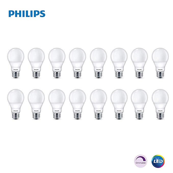 Philips LED Dimmable A19 Soft White Light Bulb with Warm Glow Effect: 800-Lumen, 2700-2200-Kelvin, 9.5-Watt (60-Watt Equivalent), E26 Base (16-Pack)