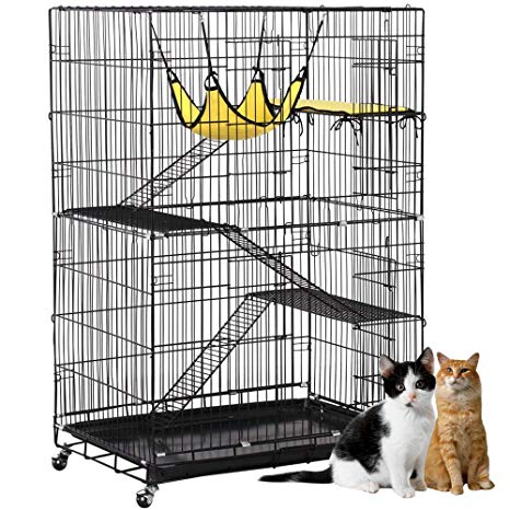 Yaheetech 4-Tier Rolling Cat Cage Large Metal Pet Playpen with 3 Ramp Ladders&2 Doors, Black