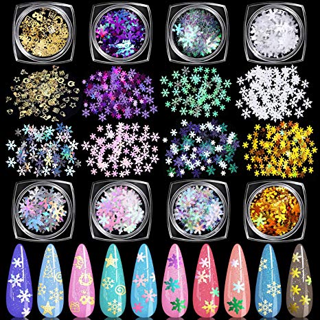 KISSBUTY 7 Boxes Snowflake Sequins for Nail Art Decoration and 1 Box 3D Christmas Metal Nail Art Slices Holographic Mermaid Snowflakes Nail Glitters Set Christmas Nail Flake Sparkly DIY Nail Decals