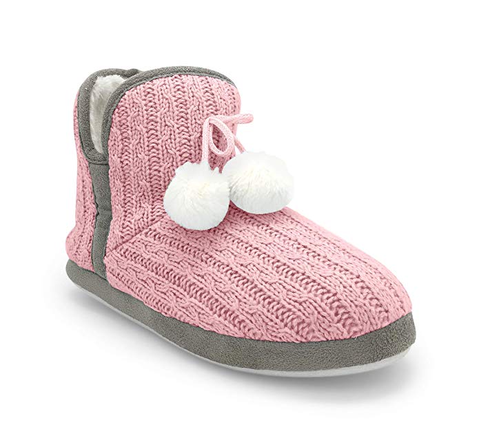 Junie's Womens Indoor Outdoor Cable Knit Slip-on Slipper Bootie - Plush Fur Lined with Memory Foam