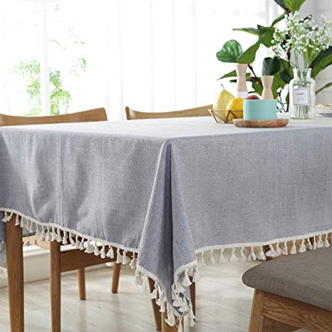 Bringsine Stitching Tassel Tablecloth Heavy Weight Cotton Linen Fabric Dust-Proof Table Cloth Cover Kitchen Dinning Tabletop Decoration(Rectangle/Oblong, 55 x 98 Inch, Gray)