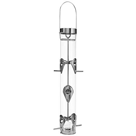 Droll Yankees Bird Feeder, Hanging Tube Feeder, Ring Pull Disassembly, 16-Inch, 4 ports, 1 lb Seed Capacity, Clear, A-6RP