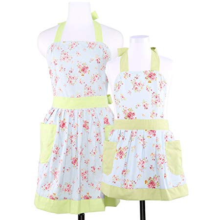 NEOVIVA Cooking Aprons with Pockets for Mother and Daughter, Durable Mama and Me Kitchen Aprons Set for Cooking, Baking, BBQ and Gardening, Style Diana, Floral Ballad Blue