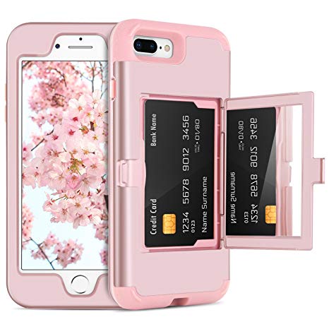 DOMAVER iPhone 8 Plus Case,iPhone 7 Plus Case with Wallet Card Holder and Mirror Hard Plastic Soft TPU Rubber Heavy Duty Shockproof Protective Phone Case Cover for Apple iPhone 7 Plus/8 Plus,Rose Gold