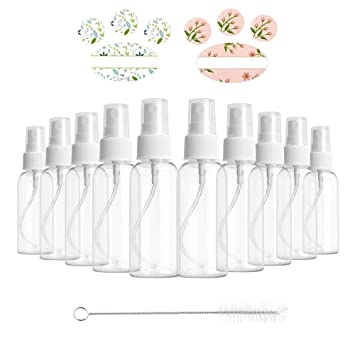 Eathtek 10 Pack 50ML Clear Spray Bottle BPA Free Plastic Small Refillable & Reusable Bottles for Essential Oils, Cleaning Products and Makeup (1 Brush and 12 Labels are Included)