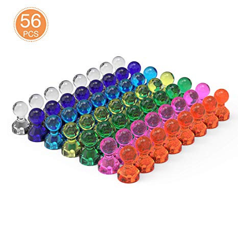 Push Pin Magnets, Fridge Magnets, 56 Pack 7 Assorted Color Magnets for Refrigerator, Whiteboard Magnets, Map Magnets- Powerful, Small and Colorful Magnets for Home, School, and Office