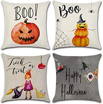 Dreampark Halloween Pillow Covers 18x18, Halloween Decoration Square Cotton Linen Burlap Decorative Throw Pillowslip Cushion Covers with Pumpkin Little Witch Decor Set of 4