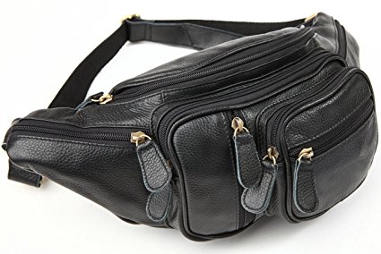 Polare Men's Natural Leather Fanny Pack Waist Bag Black Large