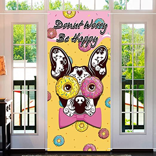 Donut Party Supplies Door Cover National Doughnut Party Donut Worry, be Happy Donut Party Backdrop Large Fabric Colorful Door Cover Lovely Gift Background Anniversary Home Curtain Festival Favors