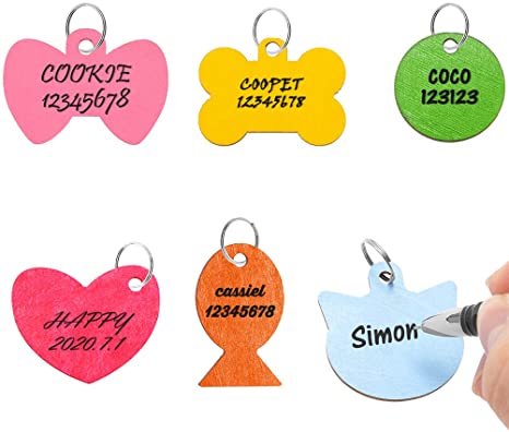 SCENEREAL Pet ID Tags for Dogs & Cats Personalized - 6 Pack Wooden Handwriting Engraved Tags Collar Accessories - 6 Colors and 6 Shapes