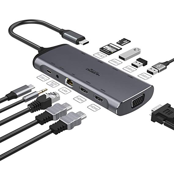 Dual Monitor Docking Station, 11-in-1 USB C to HDMI VGA Hub Adpater Dual Display for Window Laptop with 2 4K HDMI, VGA, 3 USB-A, USB-C PD and SD/MicroSD Slot