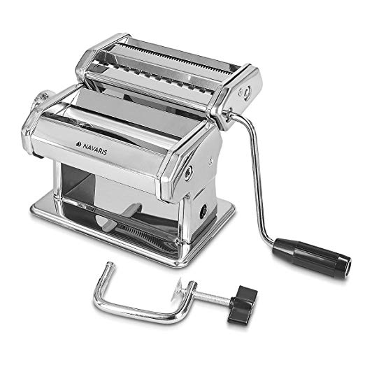 Navaris Pasta Maker - Manual Pasta Machine Noodle Roller Cutter Steel Hand Crank Pasta Roll for Lasagna, Fettuccini, Spaghetti, Ravioli