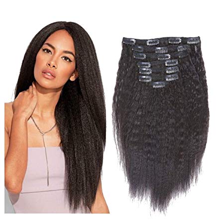 Kinky Straight Human Hair Extensions Clip In Virgin Afro Kinky Clip Ins For Black Women Double Weft Natural Hair Clip In Black Color Yaki Kinky Straight Clip For American African Black Woman 14 Inch
