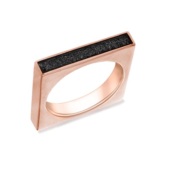 Tuscany Silver Sterling Silver Rose Gold Plated Black Glitter Square Edged Ring - Size N