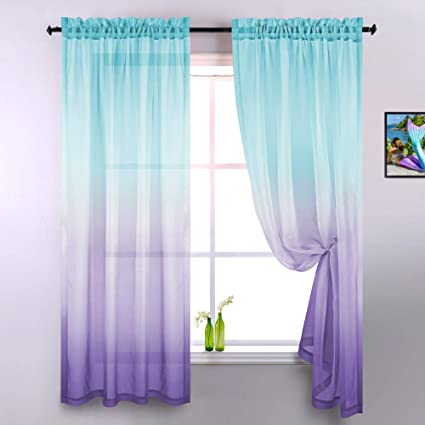 Lilac and Turquoise Curtains for Canopy Bed Girls Set 2 Panels Rod Pocket Window Rainbow Ombre Pattern Sheer Cute Kids Curtains for Girls Room Mermaid Decor Decoration 42 x 84 Inch Length Aqua Purple