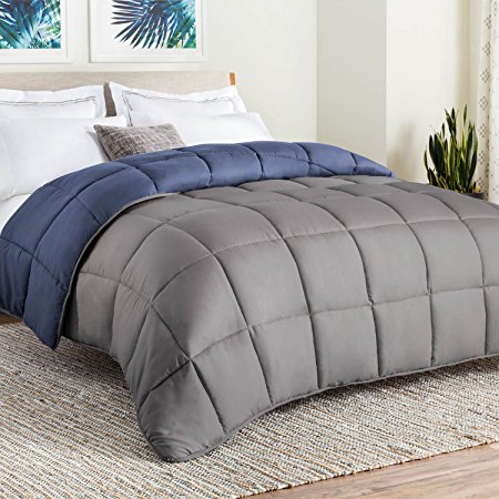 LINENSPA Reversible Down Alternative Quilted Comforter with Corner Duvet Tabs - Navy/Graphite - Oversized Queen