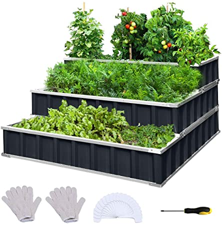 KING BIRD 3 Tiers Raised Garden Bed Dismountable Frame Galvanized Steel Metal Patio Garden Elevated Planter Box 46’’x46’’x23.6’’ for Growing Vegetables Flower (Dark Grey)