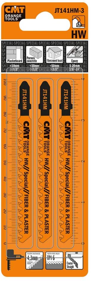 CMT JT141HM-3 Carbide Tipped Jig Saw Blades for Plasterboard and Fiber Cement, T-shank (3 Pack)