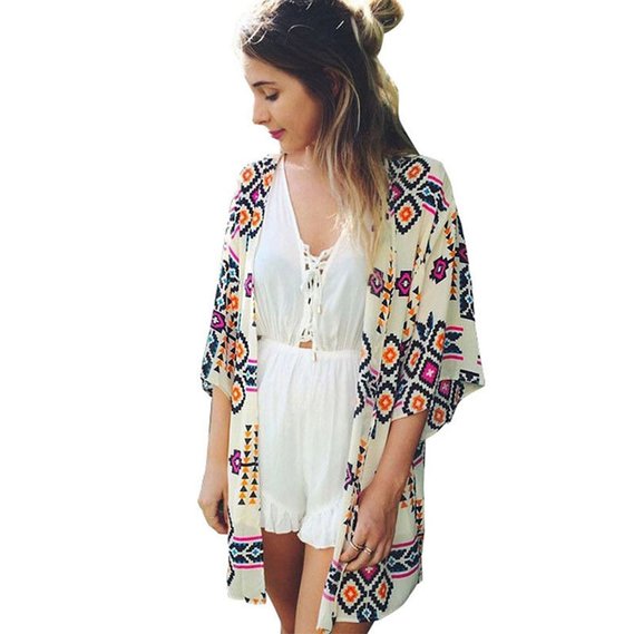 Mixmax Women Flowy Sheer Crop Sleeves Loose Chiffon Kimono Cardigan Blouse Top