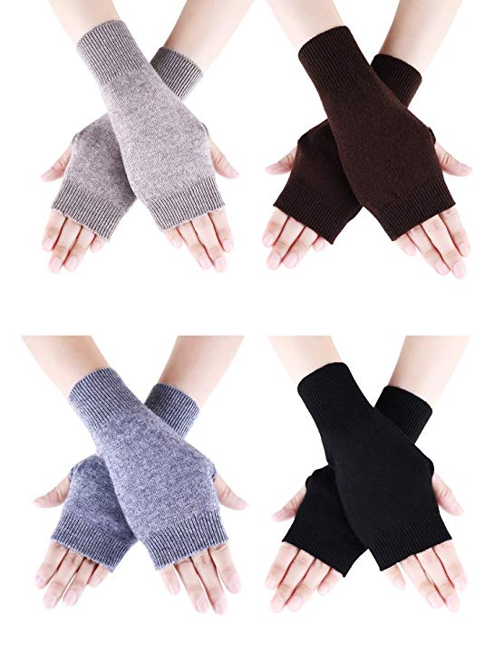 Tatuo 4 Pairs Cashmere Feel Fingerless Gloves with Thumb Hole Warm Gloves for Women and Men