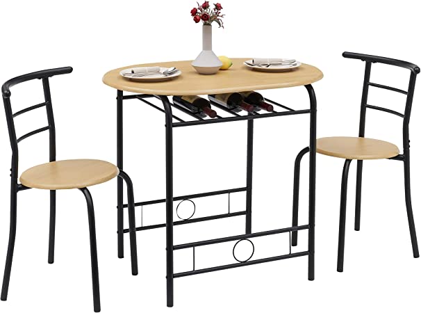 VECELO 3 Piece Wood Round Table & Chair Set for Dining Room Kitchen Bar Breakfast, with Wine Storage Rack, Space Saving, Extra Large, Natural/Black