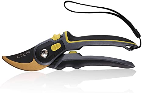 KTKT 9" Professional Titanium Pruning Shears, Yellow Hand Pruners, Bypass Garden Clippers, Gardening Scissors with Safety Lock