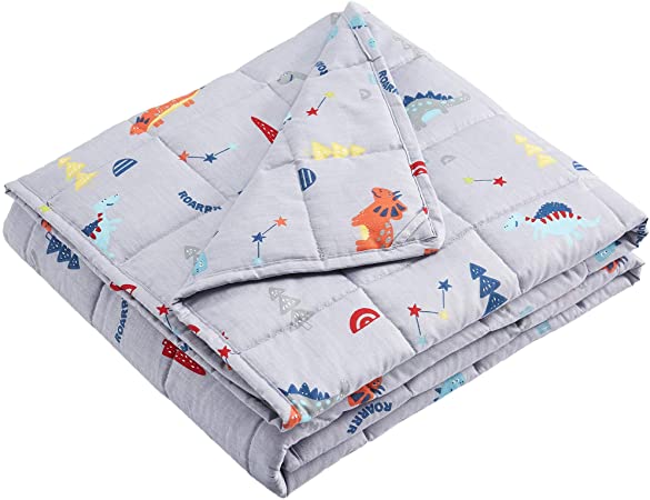 Love's cabin Weighted Blanket 7 lbs for Kids (41''x60'', Grey Dinosaur) 100% Organic Cotton Toddler Weighted Blanket with Glass Beads, Extra Soft Heavy Blanket (Anti-Dirty,Incredible Touch)