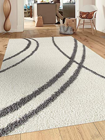 Rugshop Cozy Contemporary Stripe White-Grey Indoor Shag Area Rug, 7'10" x 10', Cream