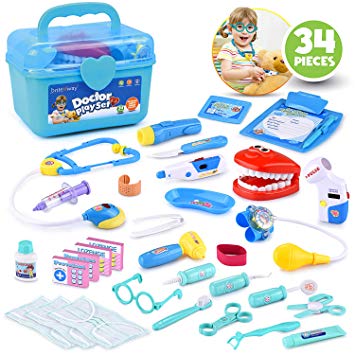 Educational Doctor Medical Pretend Play Toy Set in Storage Box 34 Pcs – Battery Operated Tools with Lights & Sounds – Promote Learning, Hand to Eye Coordination, Fine Motor Skills