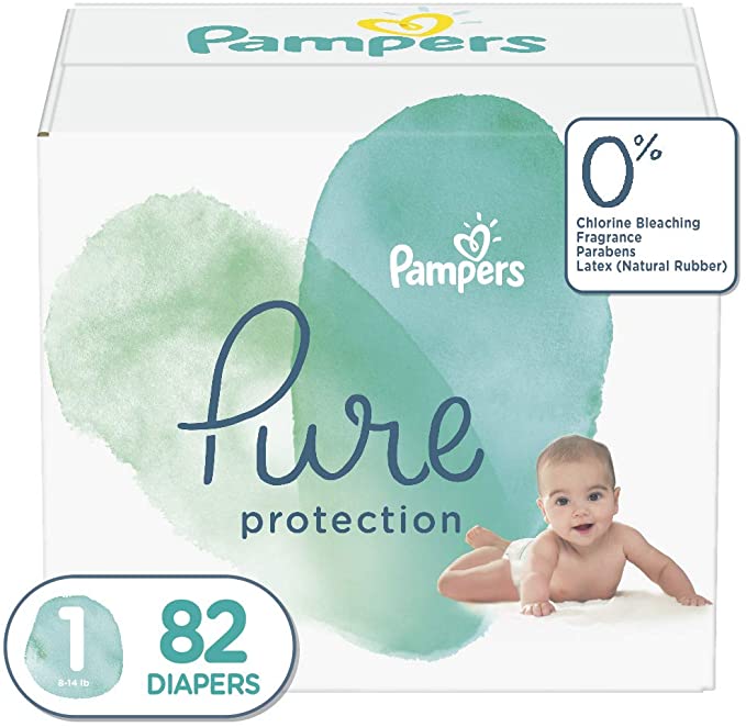 Diapers Newborn/Size 1 (8-14 lb), 82 Count - Pampers Pure Protection Disposable Baby Diapers, Hypoallergenic and Unscented Protection, Super Pack