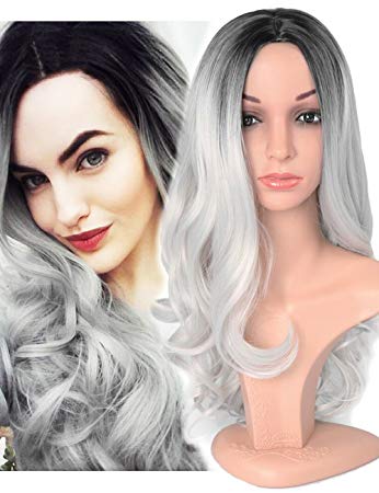 Fani Ombre Wig Long Curly Wave Wig Two Tone Black and Grey Middle Part Heat Resistant Fiber Synthetic Wigs(Grey)