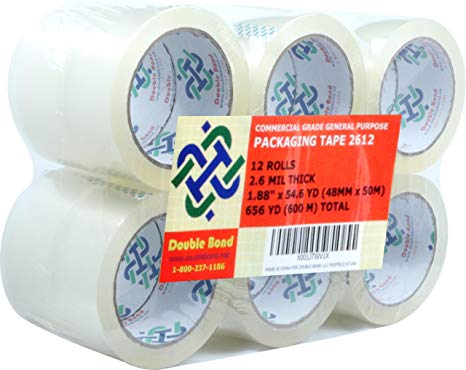 12 Rolls Thick (2.6 Mil) Double Bond Commercial Grade Packing Tape, 1.88"x 54.6 Yds (48mm x 50m), Clear (S612)
