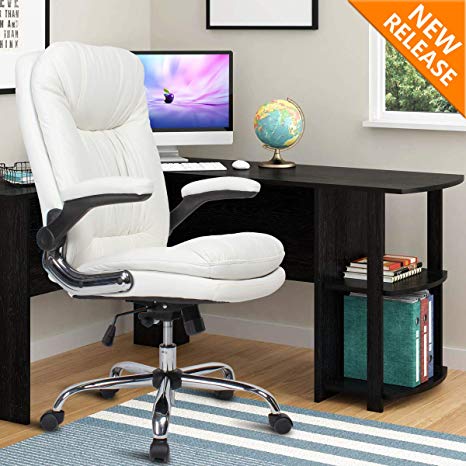 B2C2B Ergonomic Office Chair - High Back Desk Chair with Flip-Up Arms and Comfy Thick Cushion Leather Computer Chair Big and Tall 350lb Weight Capacity, White