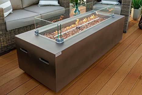 AKOYA Outdoor Essentials 60" Rectangular Modern Concrete Fire Pit Table w/Glass Guard and Crystals in Brown (60" Brown, High Desert)