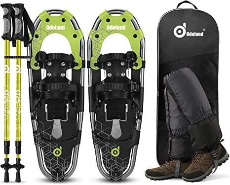 Odoland 4-in-1 Snowshoes for Men Women Youth Kids with Trekking Poles, Waterproof Snow Leg Gaiters and Carrying Tote Bag, Lightweight Snow Shoes Easy to Wear Aluminum Alloy, Size 21''/25''/30''