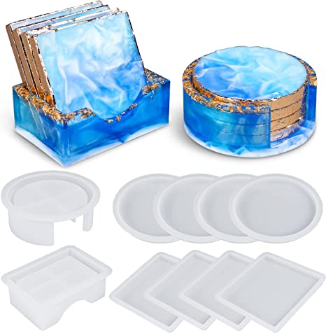 LET'S RESIN Silicone Coaster Molds, Resin Coaster Molds Kit with 10pcs Square and Round Coaster Molds Set, Upgrade Coaster Holder Epoxy Resin Molds for Resin Casting, Cups Mats, Home Decoration