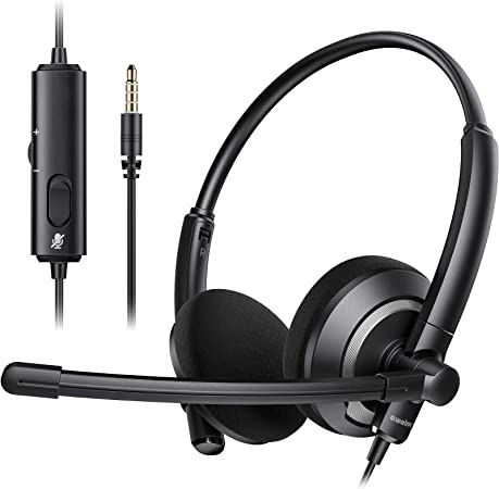 awatrue Headset with 3.5mm Jack Microphone for Computer Wired in-Line Control Headphones with Mic for Boom Skype Webinars On-Ear Headphone