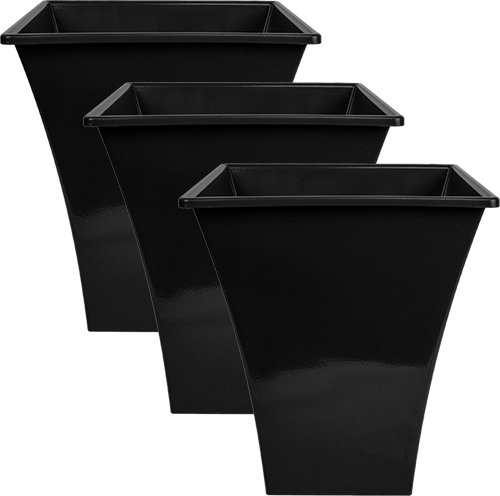 3 x Large Black Square Metallic Plastic Plant Pots