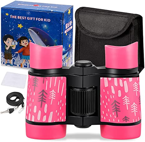 Kid Binoculars Shock Proof Toy Binoculars Set - Bird Watching - Educational Learning - Presents for Kids - Children Gifts - Boys and Girls - Outdoor Play - Hunting - Hiking - Camping Gear（Pink）