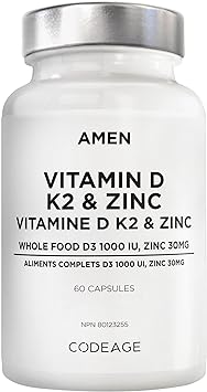 Amen Vitamin D3, K2 & Zinc Supplement - 2-Month Supply - Immune & Bone Health, Energy Metabolism, Skin & Tissue Support, Whole Food With Apple, Blueberry, Cranberry, Elderberry - Non-GMO - 60 Capsules