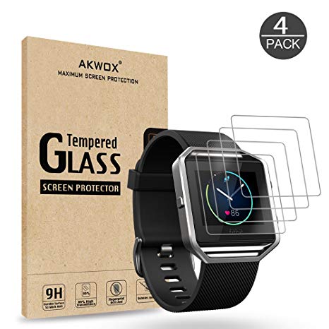 (Pack of 4) Tempered Glass Screen Protector for Fitbit Blaze Smart Watch, Akwox [0.3mm 2.5D High Definition 9H] Premium Clear Screen Protective Film for Fitbit Blaze