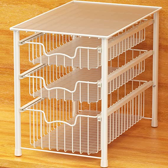 SimpleHouseware Stackable 3 Tier Sliding Basket Organizer Drawer, White