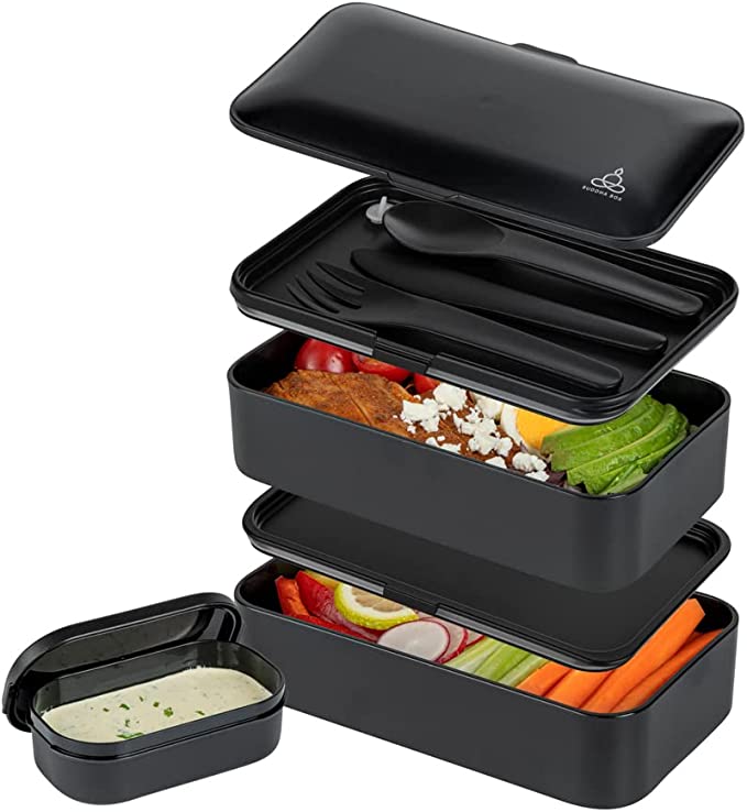 Bento Tek 41 oz Black Buddha Box All-in-One Lunch Box - with Utensils, Sauce Cup - 7 1/4" x 4 1/4" x 4" - 1 count box