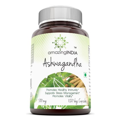 Amazing India Ashwagandha 500 Mg 120 Veg Capsules * Promotes healthy Immunity Supports Stress Management and Promotes Vitality *
