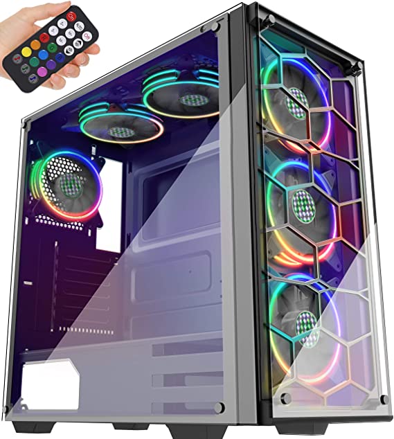 MUSETEX ATX Mid-Tower Case Phantom Black, 6 ARGB Fans USB3.0 Honeycomb Airflow Music Remote Control 2 Tempered Glass Panels, Gaming PC Case Computer Chassis 907-MS6