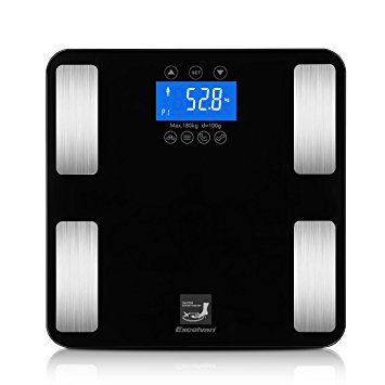 Excelvan Touch Body Fat Scale with Tempered Glass, 180kg/400lb Weight Capacity, 10 Users Auto Recognition, Measures Weight, Body Fat, Water, Muscle, Calorie and BMI,Black