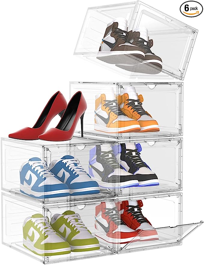 Ohuhu Shoe Boxes Storage Clear Stackable XL Large Sneaker Containers Magnetic Front Door Drawer Type Hard Plastic Bins Boot Jordan High Heels Display Holder - 6 Pack Shoes Case Fit Up to US Men 14