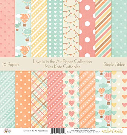 Love is in The Air Printed Scrapbook Paper Set by Miss Kate Cuttables: Craft Supplies for Scrapbooking, Single - Sided 12"x12" Decorative Cardstock Collection Kit Valentines Day Theme (Pack of 16)